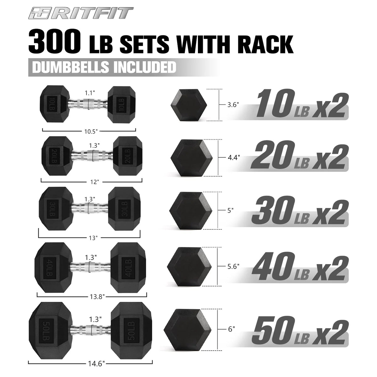 Rubber Hex Dumbbells Set with Rack 60LB-300LB