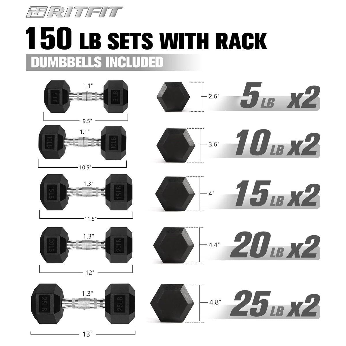 Rubber Hex Dumbbells Set with Rack 60LB-300LB