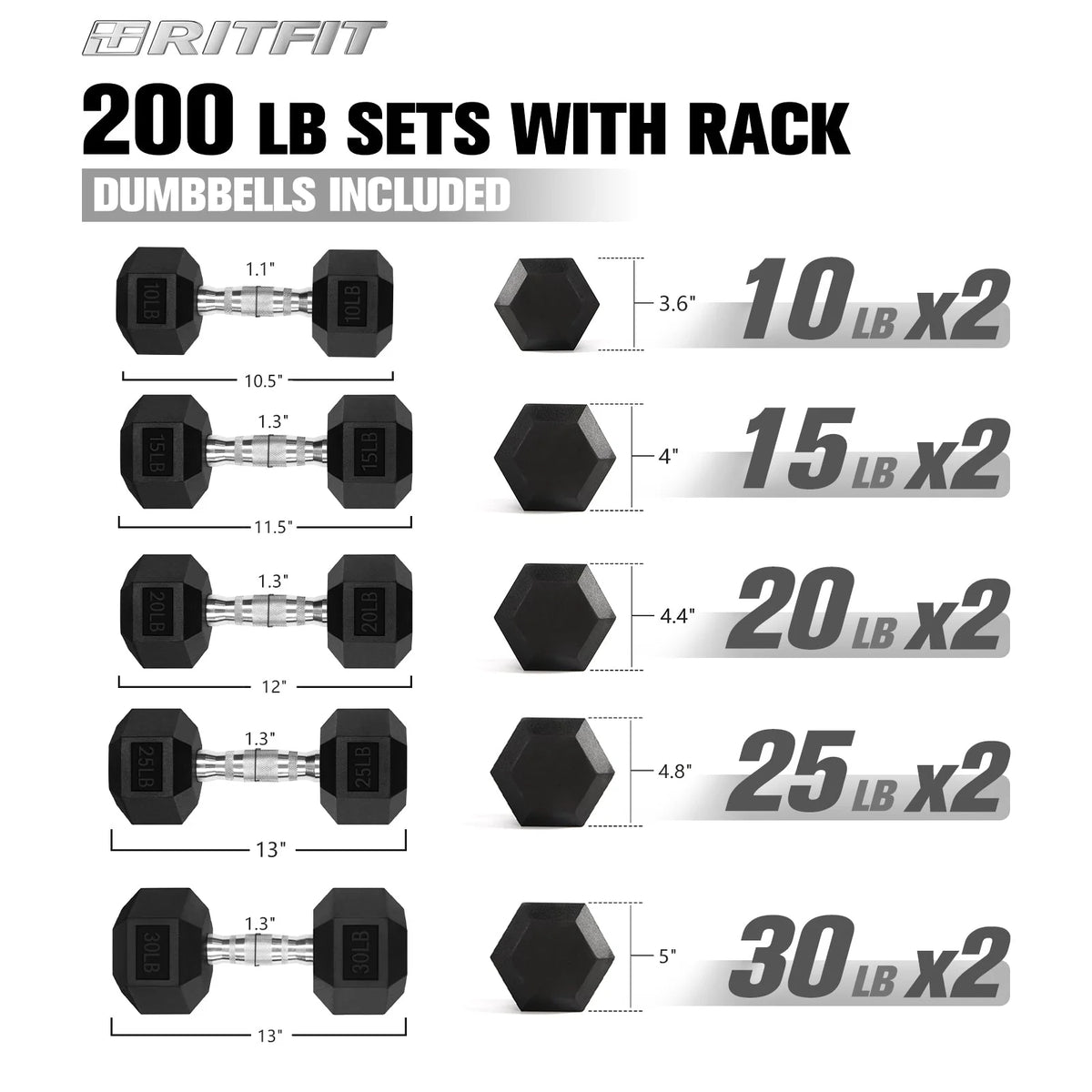Rubber Hex Dumbbells Set with Rack 60LB-300LB